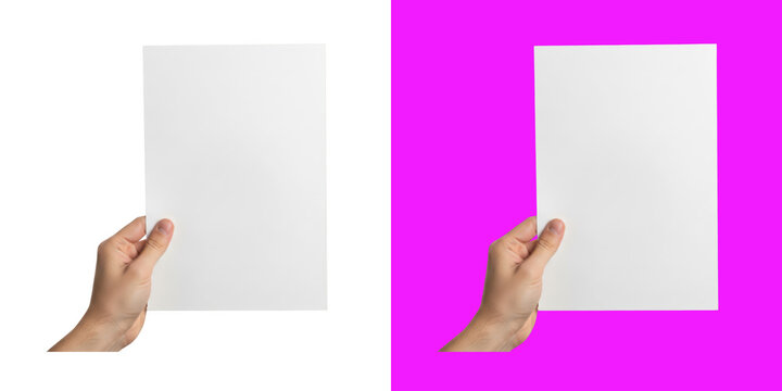 A male hand holding a blank white paper sheet for design mockups display transparent background, png