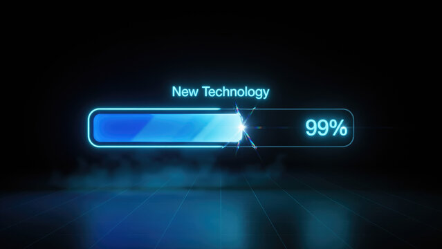 A glowing blue progress bar loading new technology on a dark grid background with representing advanced software percent completion bright digital grid surface