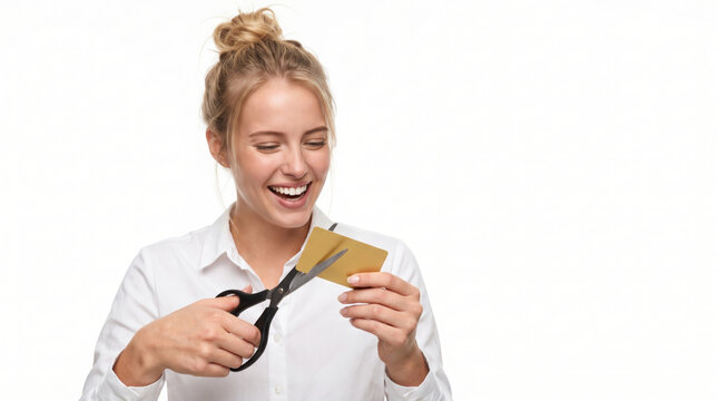 Happy woman holding credit card while using scissors to cut card. Finance crisis recession problem. bankruptcy bankrupt destroy loss, debt loan pay spending poverty