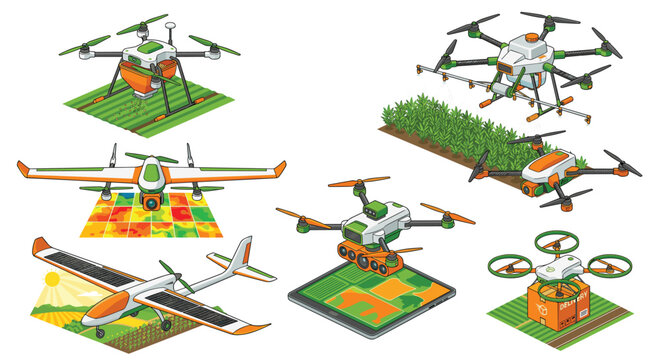 Smart farming agricultural drones vector set