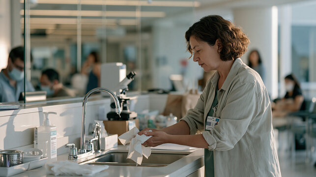 Georgian grandmother washing hands at hospital sink before first sanctioned visit to NICU, family waiting area visible beyond glass partition, infection control protocol, newborn