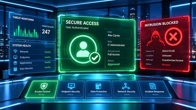 Cybersecurity dashboard displaying secure access threat monitoring system health and intrusion blocked alerts with futuristic interface
