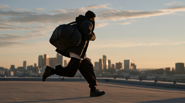 Silhouette of a lone bandit sprinting across a rooftop at dusk, duffel bag over shoulder, city skyline backdrop, dramatic escape scene, heist concept, fugitive on the run,