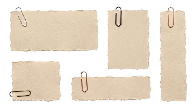 Set of five different blank torn paper notes with metal paper clips for messages or labels isolated on transparent background isolated on transparent background