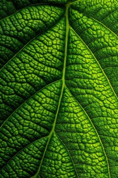 Green leaf macro texture showing intricate vein patterns and organic cell structures in sharp focus for environmental science and sustainable marketing