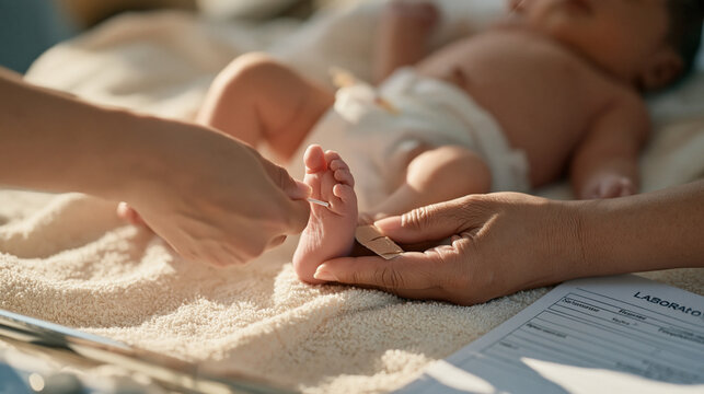 Close view of newborn foot receiving heel stick blood draw for metabolic screening, tiny bandage, laboratory requisition form nearby, newborn screening program, phenylketonuria