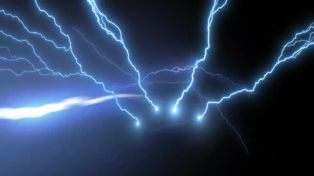 Electric blue lightning bolts streak through dark space while glowing power arcs strike together in an energy discharge.