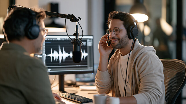 Sound supervisor adjusting headphone mix for voice actor between dubbing takes, both focused on waveform timeline frozen on monitor, ADR spotting session, collaborative