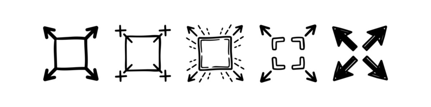Hand-drawn fullscreen and resize icon set. Doodle style expand, maximize, scale, and enlarge symbols isolated on white background for web and app user interface design.