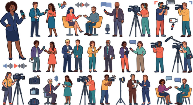Journalism and Live Broadcast Vector Character Set Featuring Diverse News Reporters Correspondents Interviewers TV Presenters and Camera Operators Crews