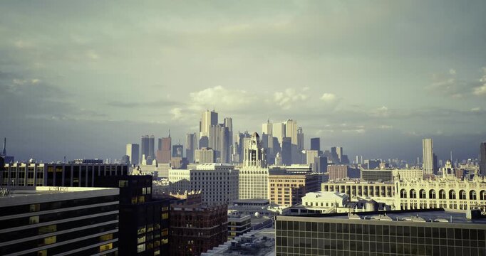 distant skyline above harbor framed by low industrial roofs, observer perspective capturing calm water reflections and layered city mass, soft midday light