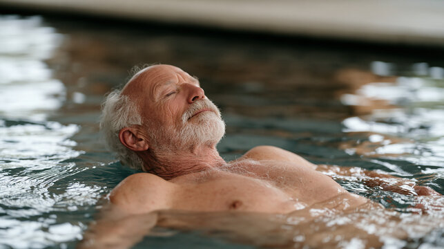 A retiree floating on his back in a calm indoor therapy pool with eyes open gazing at the skylit ceiling, aquatic healing, buoyancy as stress relief, senior hydrotherapy,