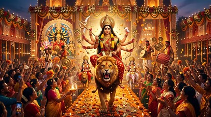 Fototapeta premium Goddess durga riding lion in vibrant festival
