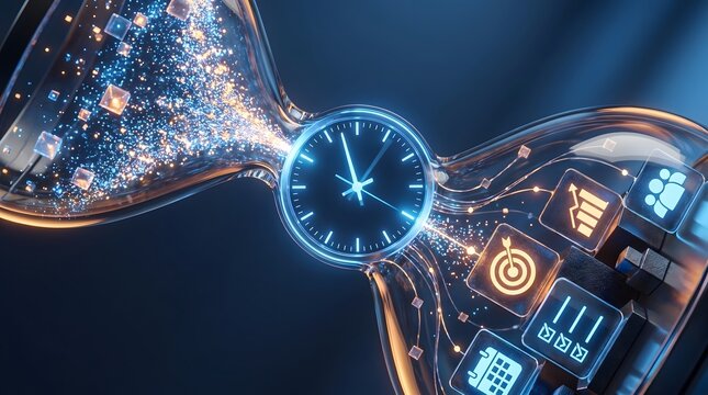 Digital transformation and futuristic time management hourglass with glowing data particles and business analytics icons