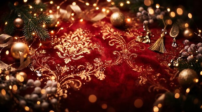 Ornate red velvet fabric with gold damask pattern and bokeh lights for festive backgrounds.