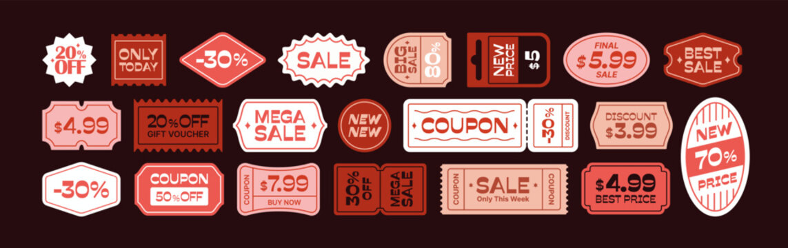Price tags, sale stickers and discount labels. Vector icons with special offer, sale, discount. Percent tags, tickets and stickers. Marketing stamps, papers with price, bonus, coupon and gift sign