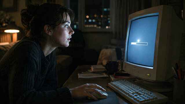 Woman waiting for an old desktop computer to load at night representing slow technology internet problems and digital frustration