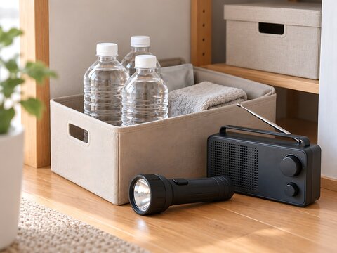飲料水と懐中電灯と携帯ラジオを備えた家庭用防災備蓄