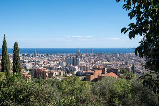 Barcelona Cityscape Aerial View with Sagrada Fam&iacute;lia and Mediterranean Sea from Hillside