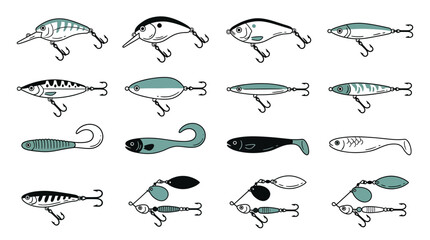 Obraz premium Collection of fishing lures and baits illustrations on white background, perfect for angling equipment catalogs, fishing blog graphics and outdoor sports marketing