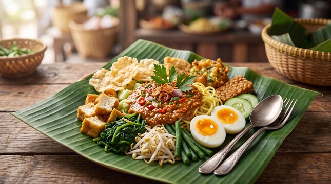 Traditional Indonesian gado gado salad featuring boiled eggs steamed vegetables fried tofu and spicy peanut sauce served on a large fresh green banana leaf inside a rustic village kitchen setting