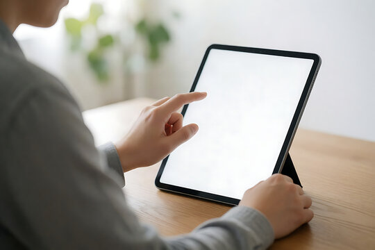 Person tapping on a tablet computer with a blank white screen at a wooden table