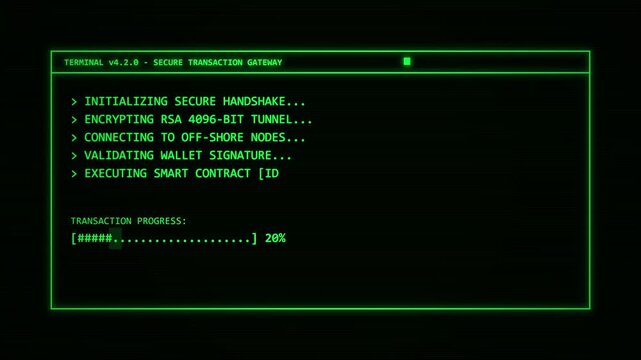 Secure digital transaction terminal displaying encrypted payment verification