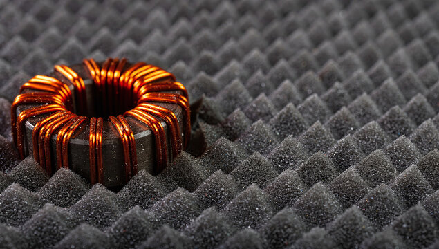 A toroidal inductor coil with copper wire winding rests on an acoustic foam padding surface