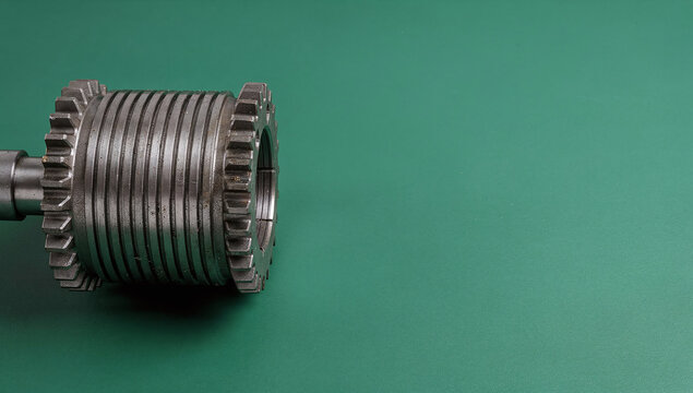 A metallic gear shaft with multiple parallel grooves and teeth rests on a green surface