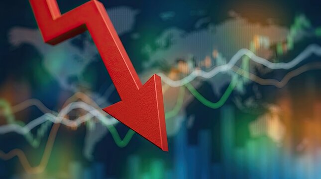 Red downward arrow over financial charts and world map, market crash concept
