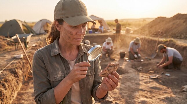Archaeologist examining ancient pottery fragment with magnifying glass at excavation site