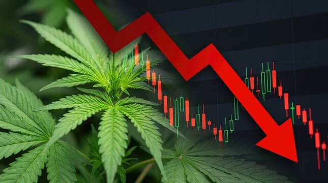 Cannabis stock market crash, red arrow graph falling, financial crisis