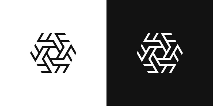 Abstract geometric symbol. Interwoven modular shape with dynamic lines and modern structure.