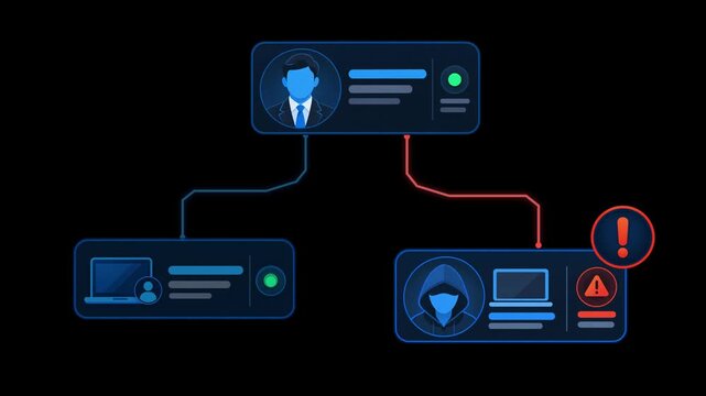 2D Motion Graphic of Cybersecurity Hacker Hijacking Executive Network Session