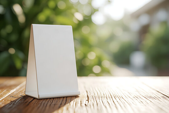 Blank white tent card on rustic wooden table with blurred green garden background