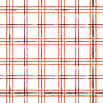 Stripe seamless pattern. Hand painted watercolor autumn fall orange red striped background. Stripes checkered illustration. Fabric, bags, banner, wrapping, wallpaper, sketchbook, tablecloth, textile