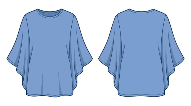 Blue Women's Oversized Batwing Sleeve Poncho Top Technical Flat Sketch Front and Back View Fashion Design