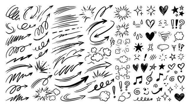 Hand Drawn Movement Lines and Cute Comic Doodle Elements Set