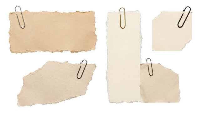 Set of various blank torn paper pieces with metal paper clips for notes and messages displayed as isolated objects on a transparent background isolated on transparent background