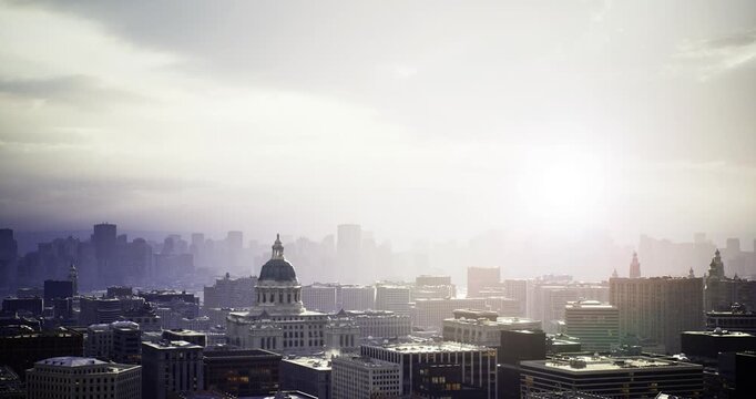 Moody evening over domed urban skyline, heavy clouds rolling above silhouetted spires, wet reflections and dim streetlights beginning to glow, dramatic contrast
