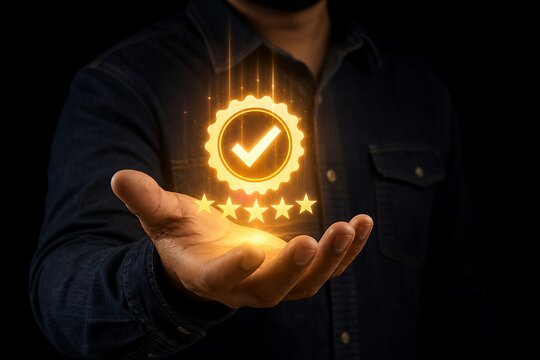 Man holding glowing certification badge with five stars showing quality assurance concept