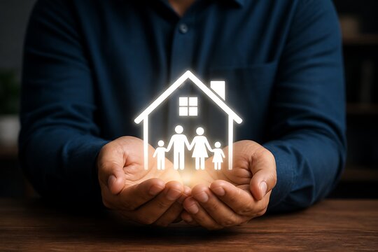 Man cupping hands protectively around glowing white family house security symbol icon