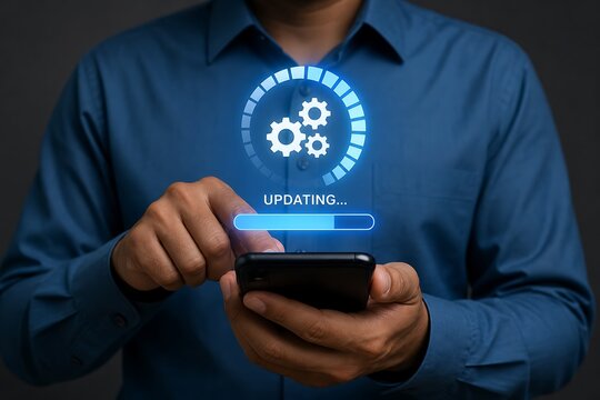 Man tapping smartphone screen showing software update progress bar and gear icons