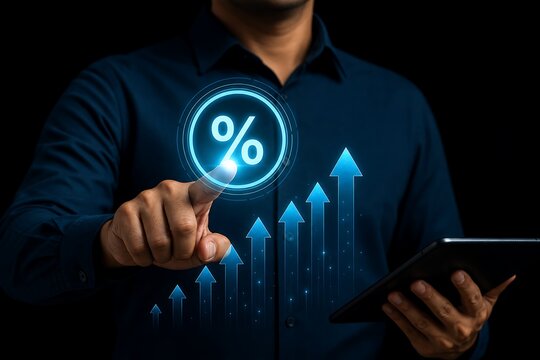 Man touching glowing percentage symbol and upward blue growth arrows on dark background screen
