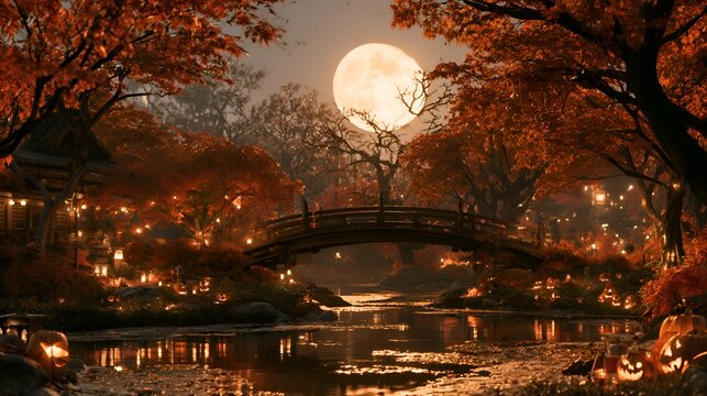 Enchanting Halloween night scene with glowing pumpkins and lanterns under a full moon