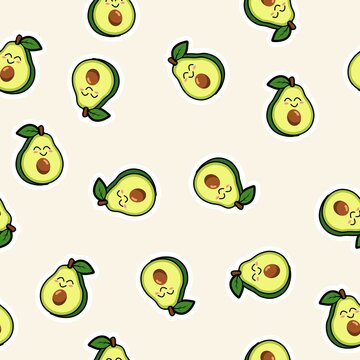 Seamless pattern of cute smiling avocado stickers, kawaii green fruit character with white border on pastel butter cream background