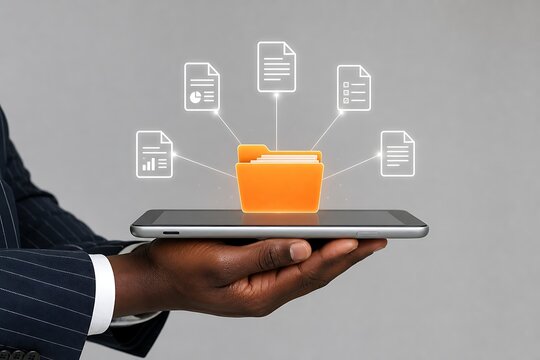 Person holding tablet with digital document icons and folder interface flying above