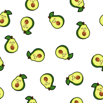 Seamless pattern of cute smiling avocado stickers, kawaii green fruit character with white border on pastel butter cream background