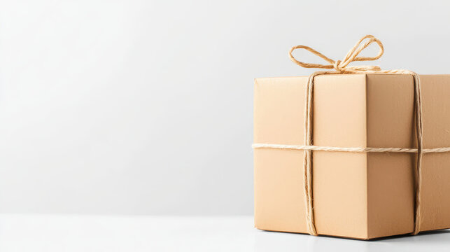 Beautifully wrapped gift box with natural twine bow sits elegantly against light background, perfect for any occasion