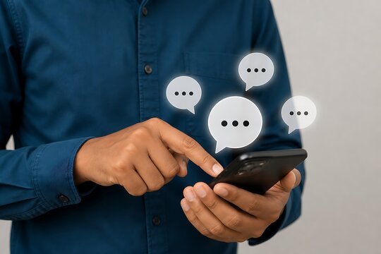 Person using a mobile phone with floating speech bubble icons representing online chat communication